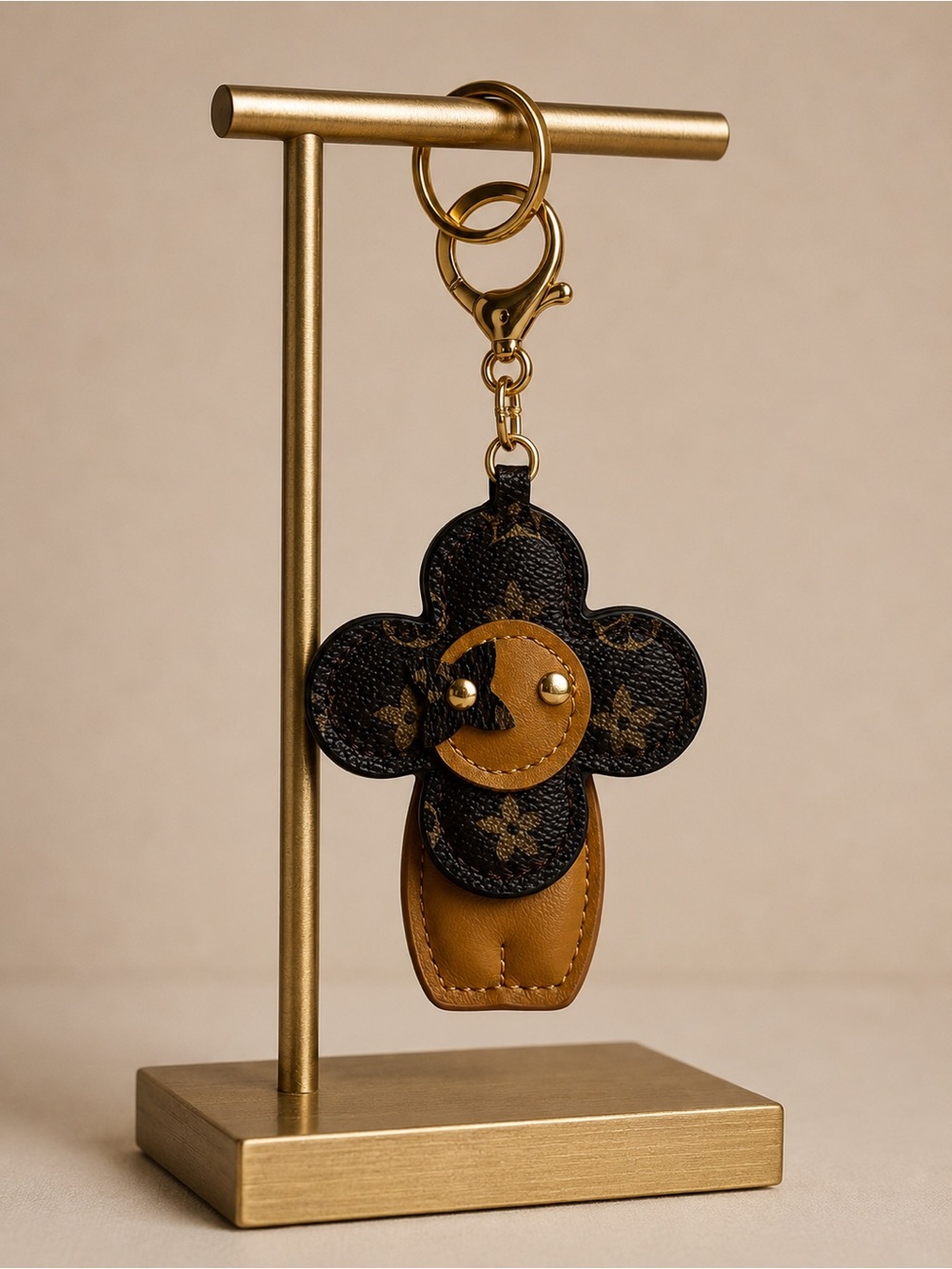 Gold & Brown Floral Leather Keychain bag Charm